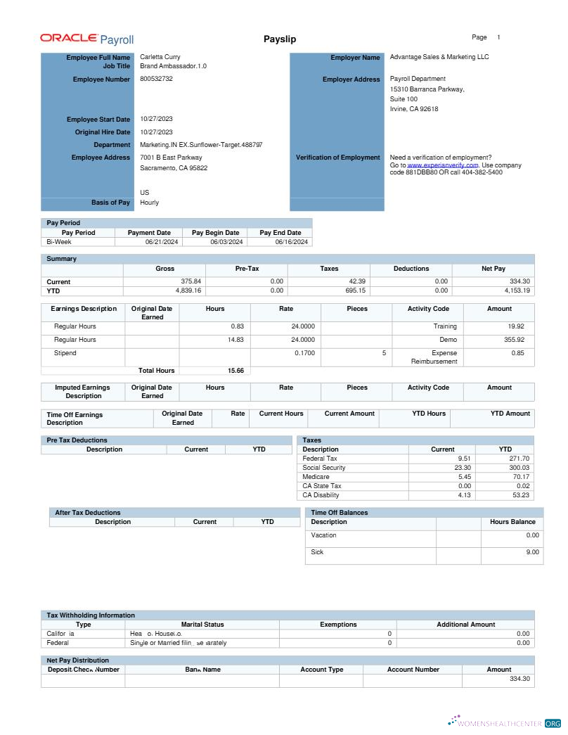 Oracle Payroll Advantage Sales & Marketing LLC payslip template in Word and PDF formats.pdf, 1